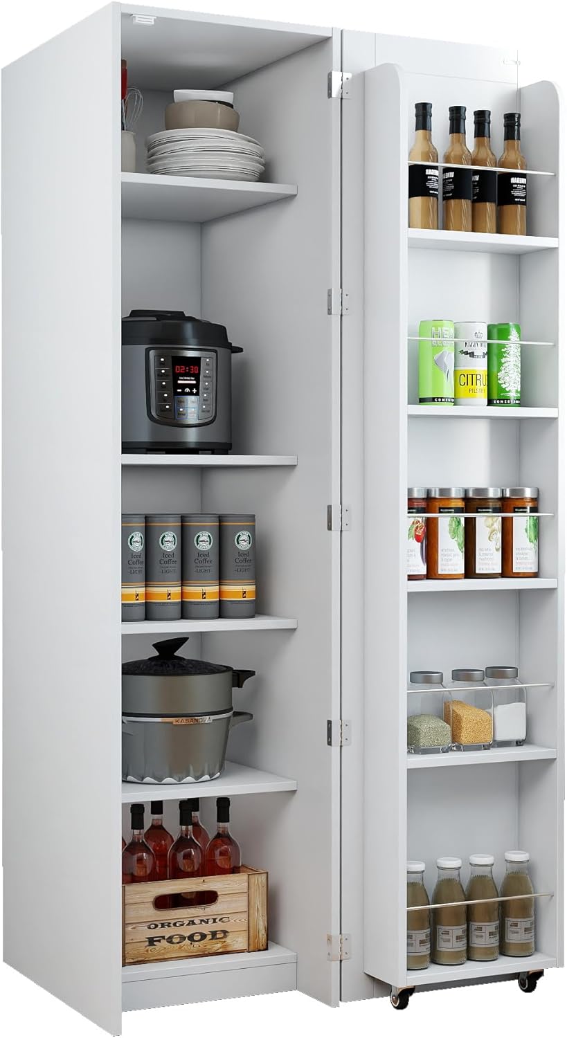 62.99''H Tall Kitchen Pantry Cabinet, Freestanding Corner Buffet Sideboard with Door Shelves and Adjustable Shelves, Narrow Storage Pantry for Kitchen Living Room Dinning Room, White