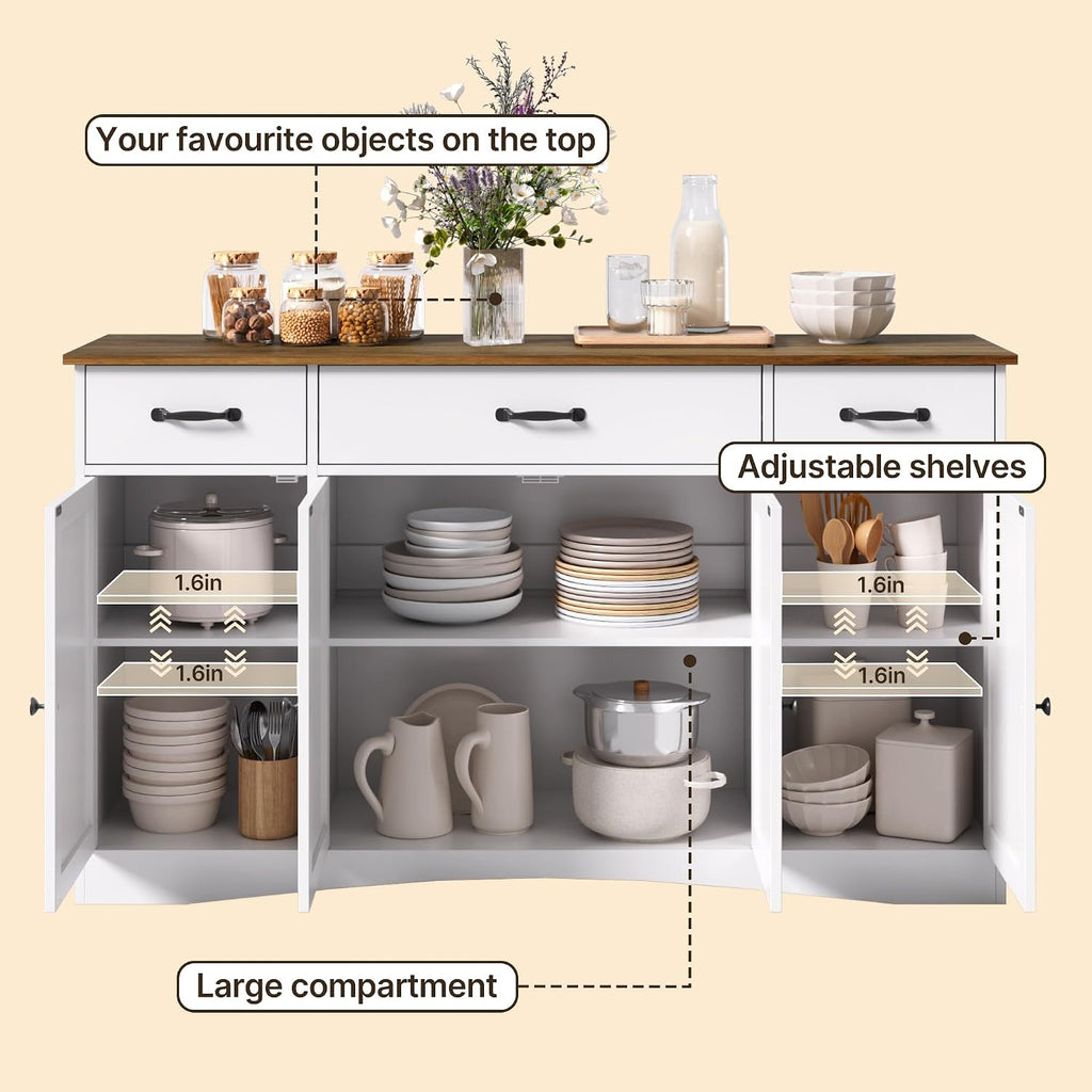 Gizoon Sideboard Buffet Cabinet with Storage, Modern Kitchen Sideboard and Coffee Bar with Drawers and Doors, Wood Buffet Table for Dining Room, 15.2" D x 55.1" W x 31.9" H, White/Rustic Brown