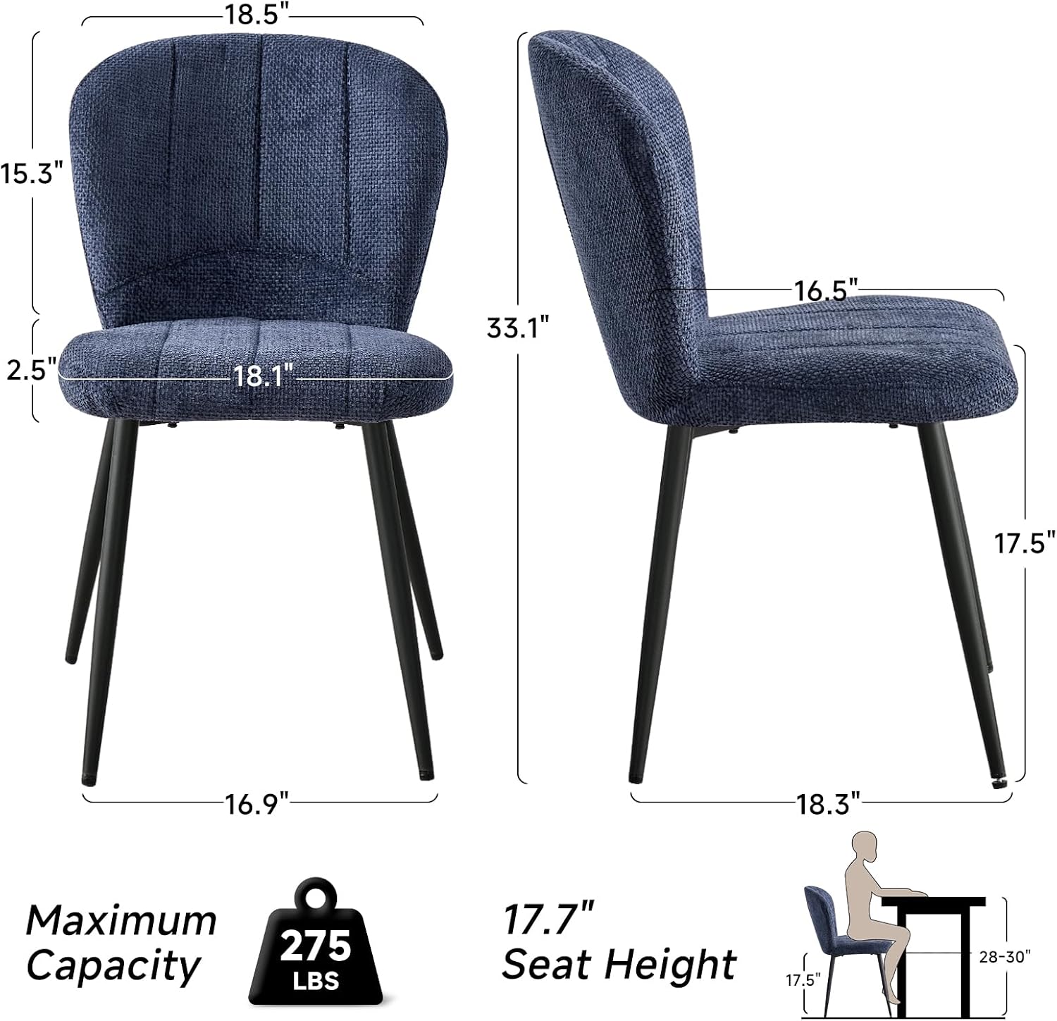 Dining Chairs Set of 4, Upholstered Chenille Fabric Kitchen Chairs with Wingback and Metal Legs, Elegant Tufted Accent Chair Vanity Chair for Dinner Bedroom Living Room, Blue