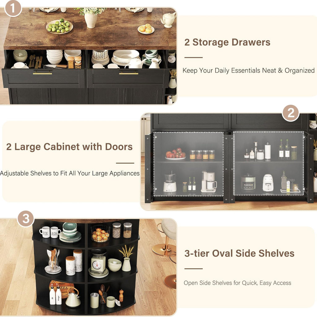 HSH 63 Inch Large Kitchen Island with Storage and Seating, Rustic Brown | Stationary Island Table with Storage Drawers, Cabinets, Oval Open Shelves, Wood Counter Prep Island for Kitchen Dining Room