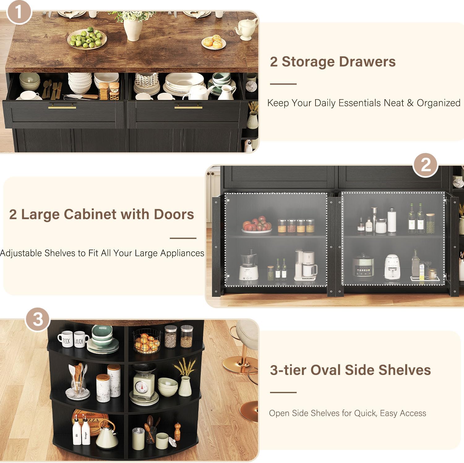 HSH 63 Inch Large Kitchen Island with Storage and Seating, Rustic Brown | Stationary Island Table with Storage Drawers, Cabinets, Oval Open Shelves, Wood Counter Prep Island for Kitchen Dining Room