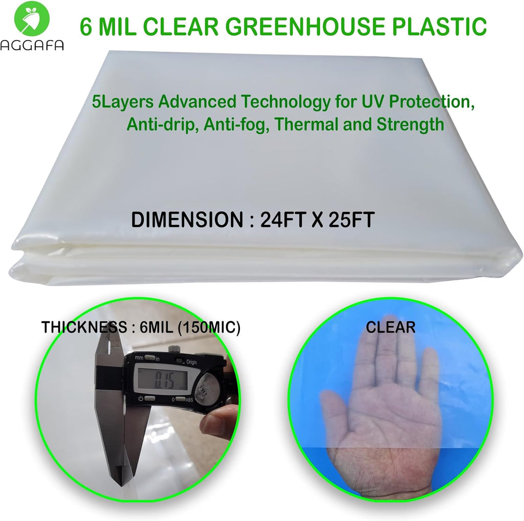 6 mil (24ft x 25ft) 100% Virgin Material. 5Layers Advanced Extrusion Technology for UV Protection, Anti-drip, Anti-Fog, Thermal and Strength. 4Years Lifetime UV Resistant Greenhouse Plastic