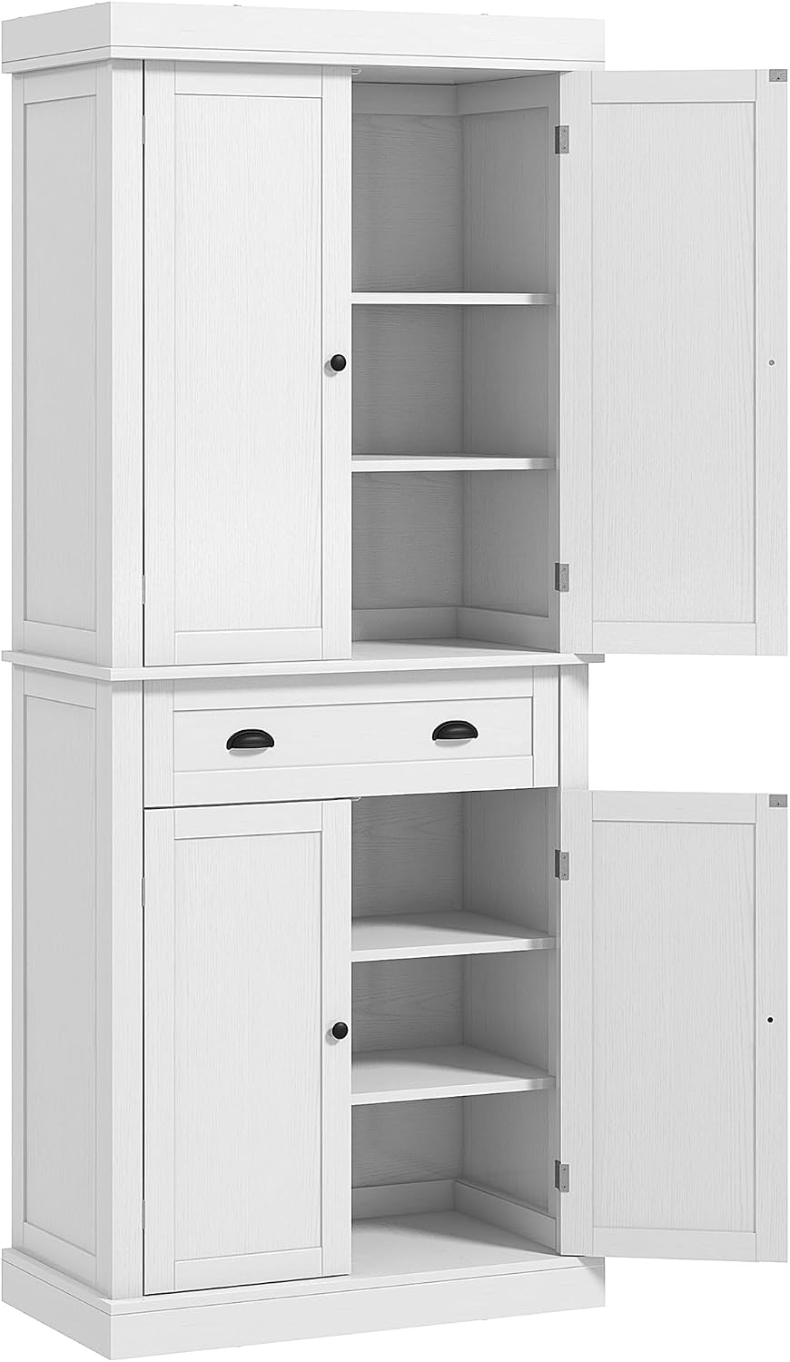 72.5" Kitchen Pantry Cabinet, Traditional Freestanding Storage Cabinet with 4 Doors, Drawer and 3 Adjustable Shelves for Dining Room, White Wood Grain