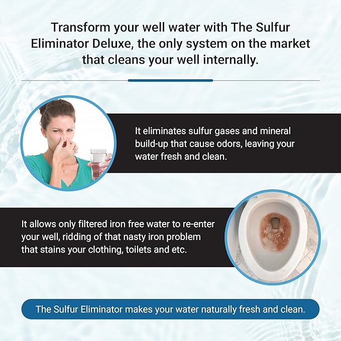 Deluxe Well Water Filter System, Eliminate Rotten Egg & Sulfur Smell, Remove Iron & Sediments, Works on Any Size Well 4" & Above