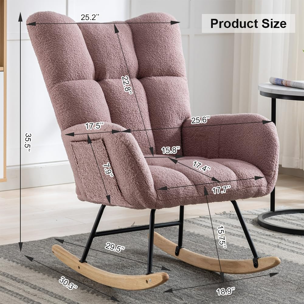Rocking Chair Nursery, Teddy Upholstered Glider Rocker with High Backrest, Reading Chair Modern Rocking Accent Chairs Glider Recliner for Living Room, Nursery, Bedroom,Pink