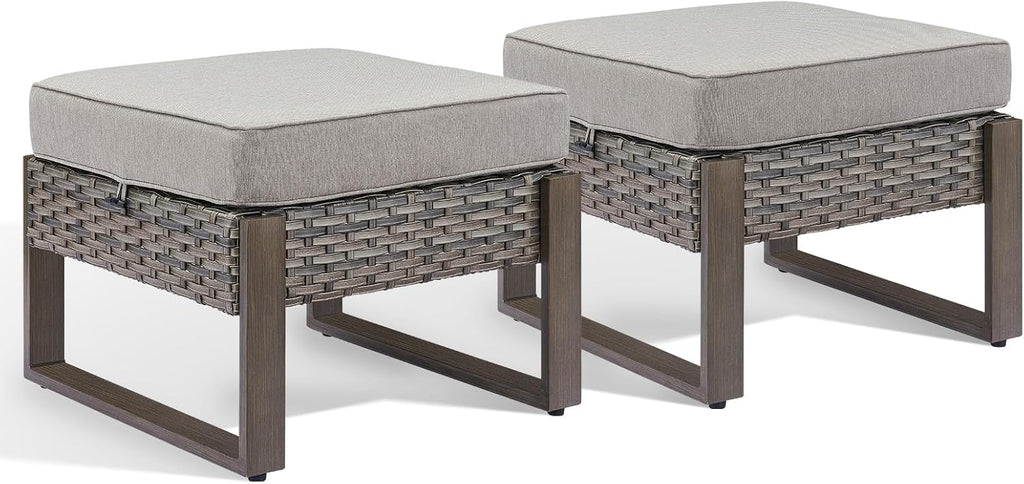 HUMMUH Patio Ottomans Outdoor Foot Rest-All Weather Rattan Outdoor Footstool with Removable Cover Cushions for Deck Porch Garden Balcony Poolside-Grey/Grey