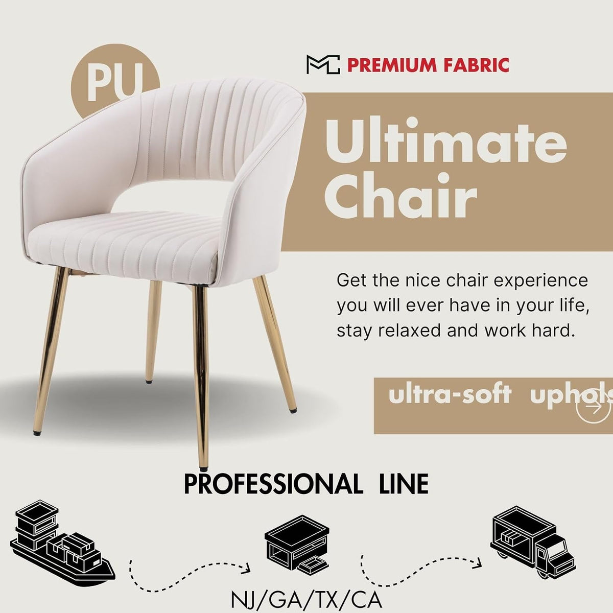 Hyfirm Set of 4 Cream Leather Dining Chairs, Modern Upholstered Kitchen Chairs Gold Metal Legs, Hollow Back, Accent Side Chair for Dining Room/Livingroom/Reception/Restaurant