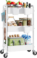 3 Tier Rolling Cart Metal with Wheels, White Three Tiered Storage Cart on Wheels, Utility Trolley Carts Organizer for Kitchen Storage, Pantry, Snack, Craft, Art, Lash, Makeup, Bathroom, Dorm Supply