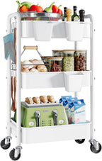 3 Tier Rolling Cart Metal with Wheels, White Three Tiered Storage Cart on Wheels, Utility Trolley Carts Organizer for Kitchen Storage, Pantry, Snack, Craft, Art, Lash, Makeup, Bathroom, Dorm Supply