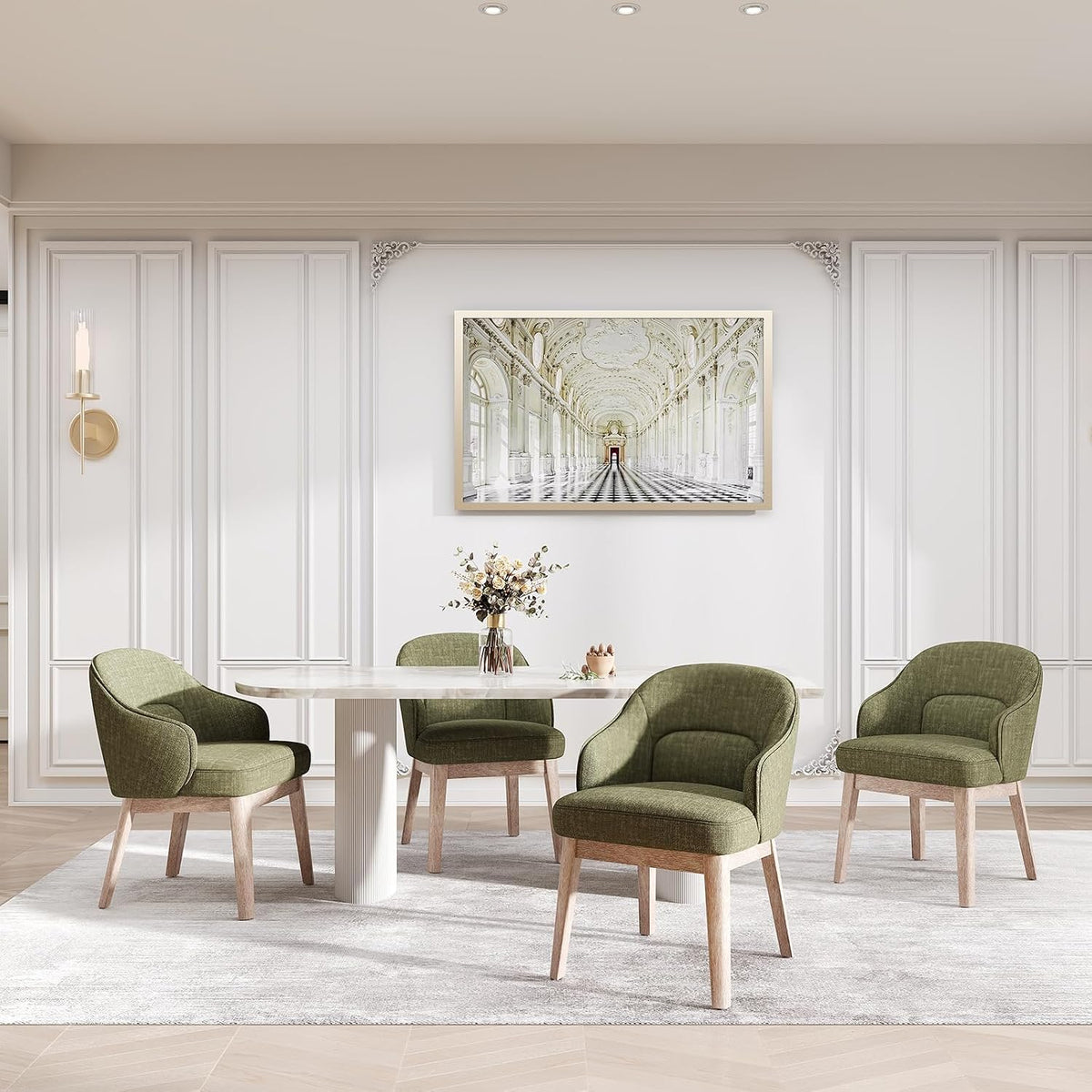 MALOL Dining Chairs Set of 4 with Lumbar Support,Fabric Upholstered Kitchen Chairs with Wooden Legs,Green