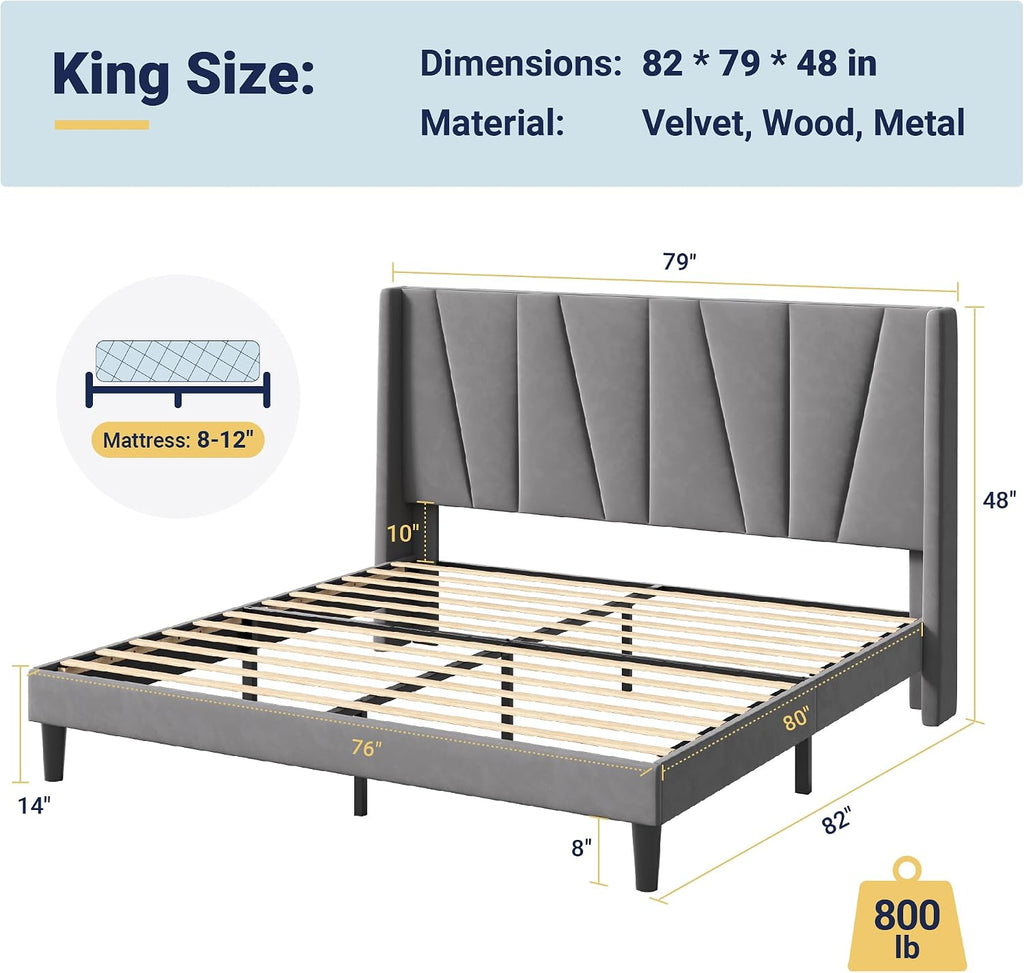 Allewie King Size Platform Velvet Bed Frame with Geometric Wingback Headboard, Boho Upholstered Bed with Wooden Slats Support, No Box Spring Needed, Easy Assembly, Light Grey