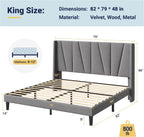 Allewie King Size Platform Velvet Bed Frame with Geometric Wingback Headboard, Boho Upholstered Bed with Wooden Slats Support, No Box Spring Needed, Easy Assembly, Light Grey