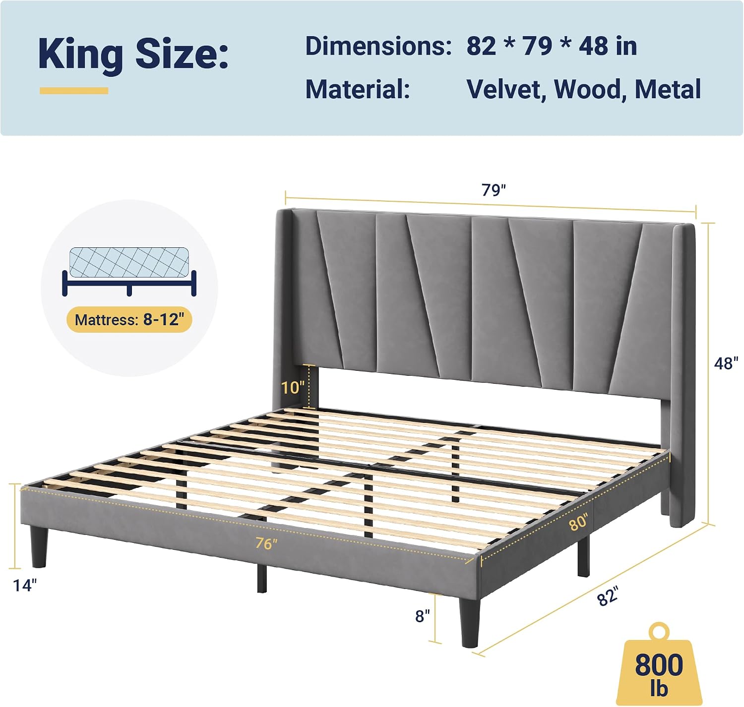 Allewie King Size Platform Velvet Bed Frame with Geometric Wingback Headboard, Boho Upholstered Bed with Wooden Slats Support, No Box Spring Needed, Easy Assembly, Light Grey