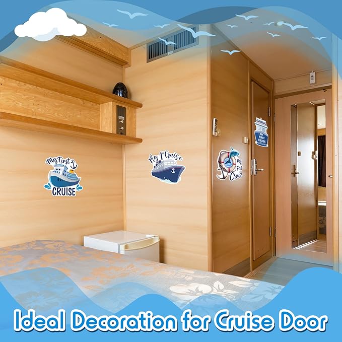 Hoteam 4 Pcs My First Cruise Door Decorations Magnetic Large My 1st Cruise Door Magnets Decor Funny Waterproof Anchor Life Preserver Ring Nautical Magnets for Carnival Cabin Stateroom Fridge Car