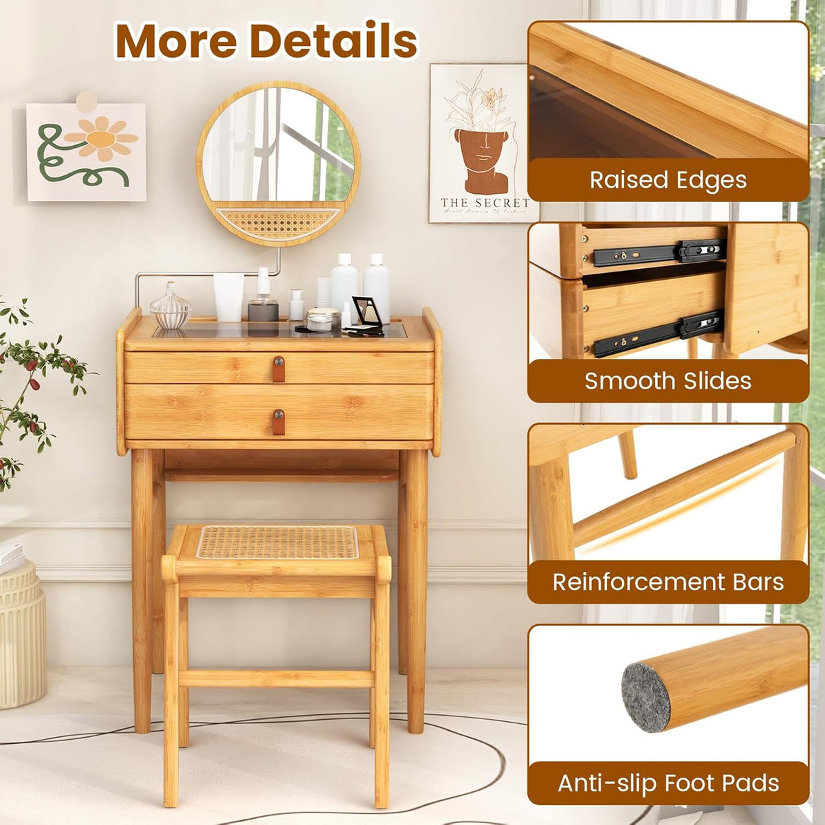COSTWAY Bamboo Vanity Desk with Adjustable Round Mirror and 2 Drawers | Makeup Vanity Set w/ Tabletop Storage Compartment & Tempered Glass Tabletop, Small Bedroom Dressing Table for Adult Teens