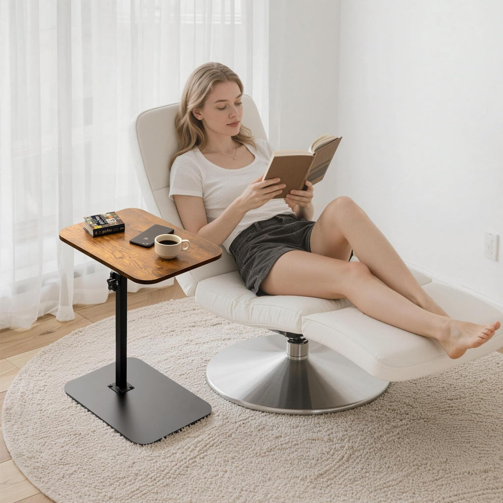 ZEAPTAC C-Shaped Side Table, 360° Swivel Height Adjustable, Lightweight Portable TV Tray Snack End Table for Couch Sofa Bed Small Spaces-Dark Brown Wood