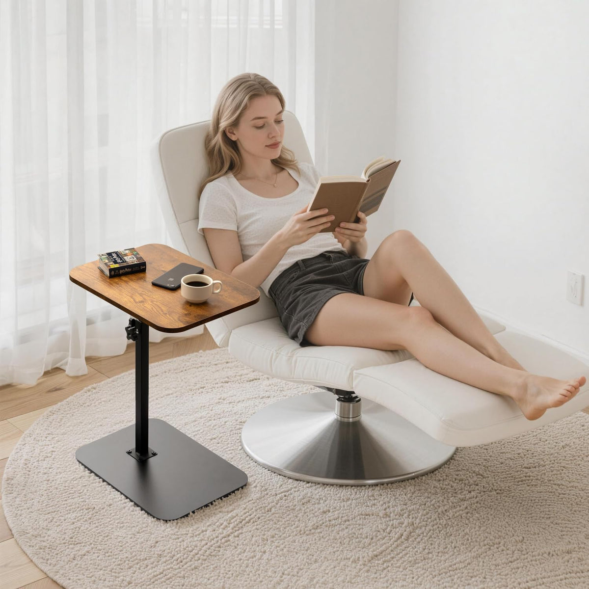 ZEAPTAC C-Shaped Side Table, 360° Swivel Height Adjustable, Lightweight Portable TV Tray Snack End Table for Couch Sofa Bed Small Spaces-Dark Brown Wood