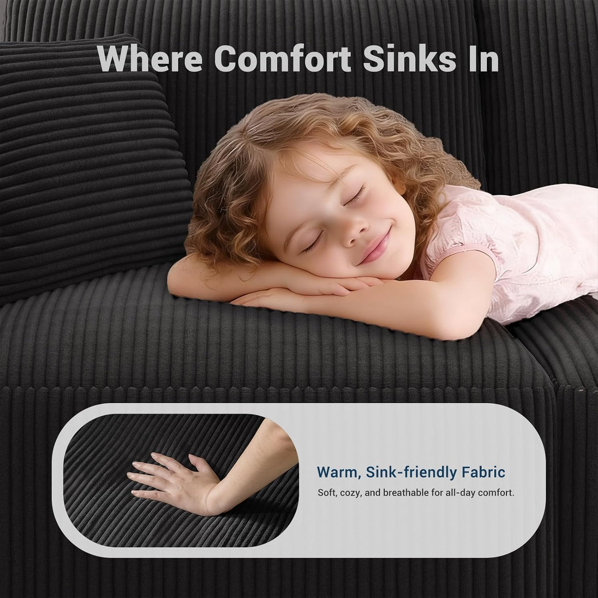 Modular Sleeper Sofa Couch Modern Sectional Couches for Living Room - 79" L-Shaped Cloud Couch - Easy Assembly Corduroy Convertible Sponge Compression Sofas with Chaise for Home House(Black)