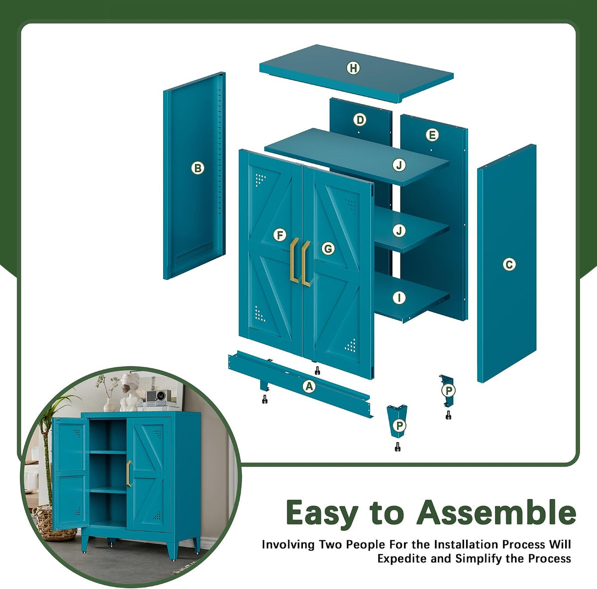 32" Metal Bathroom Storage Cabinet,Floor Storage Cabinet with 2 Doors and 2 Adjustable Shelves,Freestanding Sideboard for Small Spaces, Hallway, Dining Room,Blue