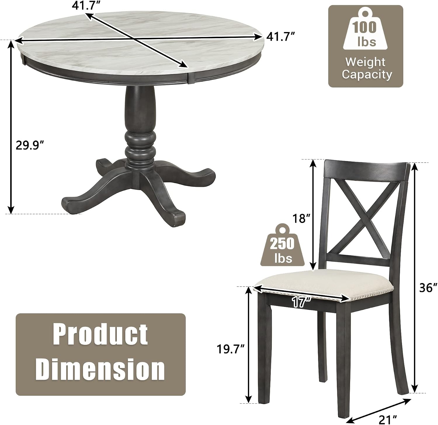 Merax 5 Piece Dining Table Set for 4, Solid Wood Kitchen Table Set with 4 Upholstered Chairs for Kitchen, Dining Room, Living Room, Grey