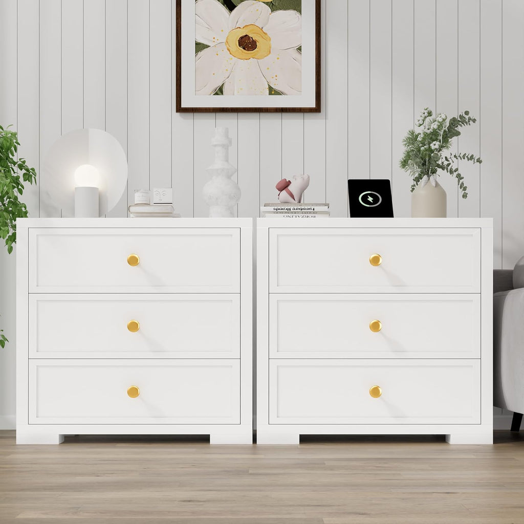 COWMOU Nightstand with Drawers 3 Drawer Night Stand with Charging Station Farmhouse Style Large Bed Side Table Wooden Dresser for Bedroom Living Room (1, White)
