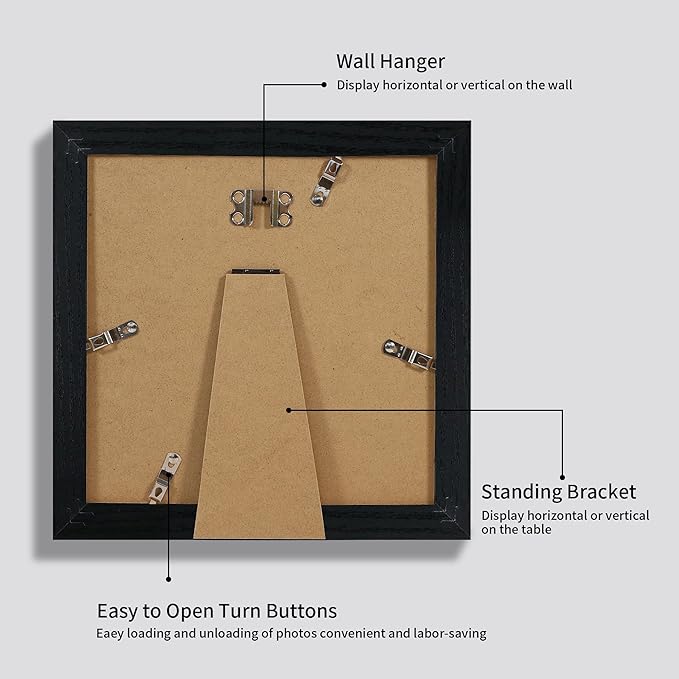 8x8 Picture Frames Set of 4 with High Definition Real Glass, Black Frames Display 6x6 Picture with Mat or 8x8 Without Mat, Wood Square 8 x 8 Photo Frame for Wall Mount and Tabletop Display