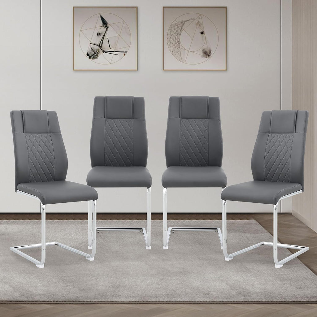 cinkehome Modern Gray Dining Chairs Set of 4 with Silver Metal Legs, High Back Upholstered Armless Side Chair for Kitchen, Dining Room, Faux Leather