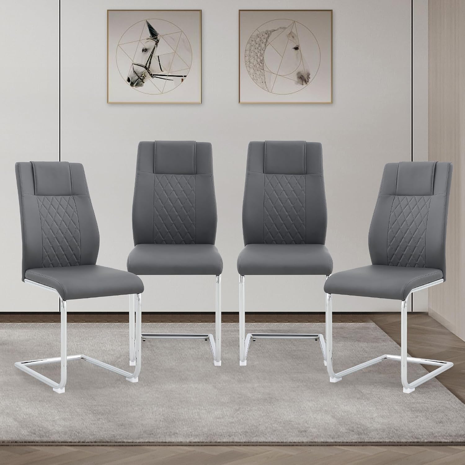 cinkehome Modern Gray Dining Chairs Set of 4 with Silver Metal Legs, High Back Upholstered Armless Side Chair for Kitchen, Dining Room, Faux Leather