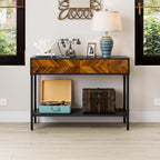 Bme Vivian Console Table with 2 Drawers, Solid Acacia Wood Entryway Table, Rustic Golden Brown Mid Century Modern Sofa Table with Storage, Solid Wood Hallway Table for Living Room or Foyer