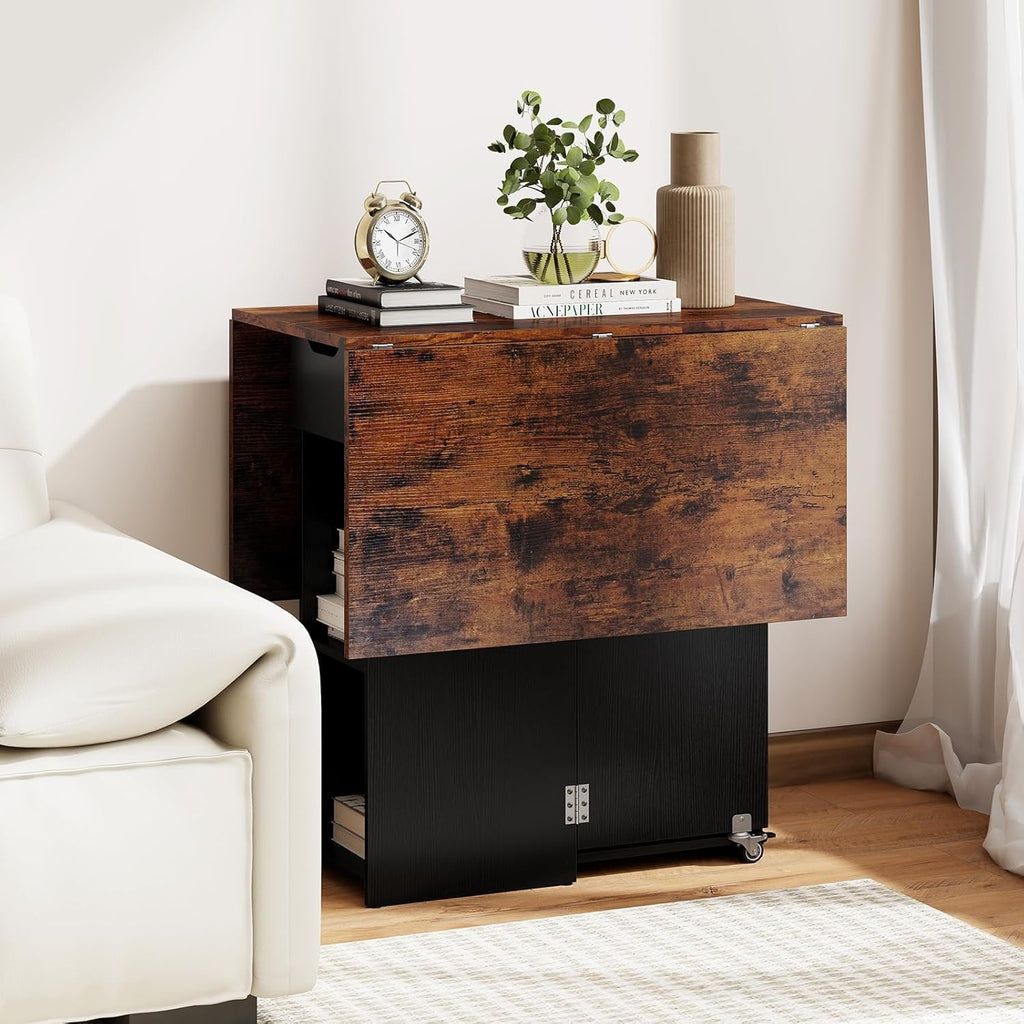 GOFLAME Drop Leaf Dining Table for 2-4, Folding Kitchen Table with Open Shelves & Drawer, Lockable Wheels, Space Saving Extendable Table for Dining Room, Living Room, Small Space, Rustic Brown & Black