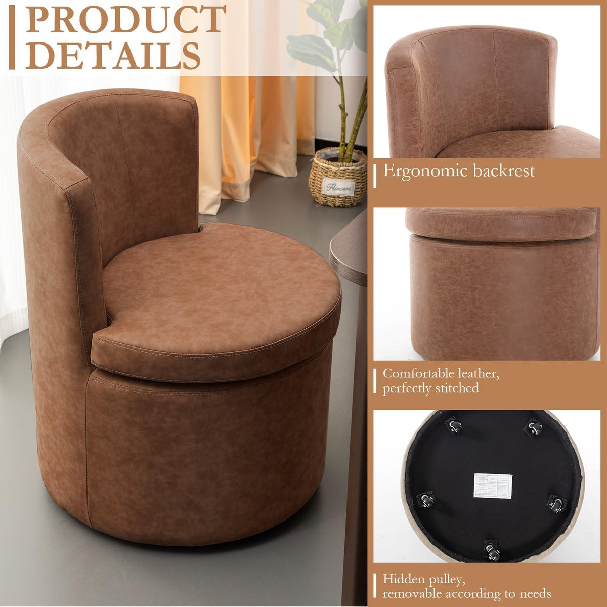 Faux Leather Rolling Dining Chairs with Casters Set of 2, Modern Upholstered Kitchen & Dining Room Comfortable Decorative Chairs, for Bedroom Reading Room Living, Dark Brown