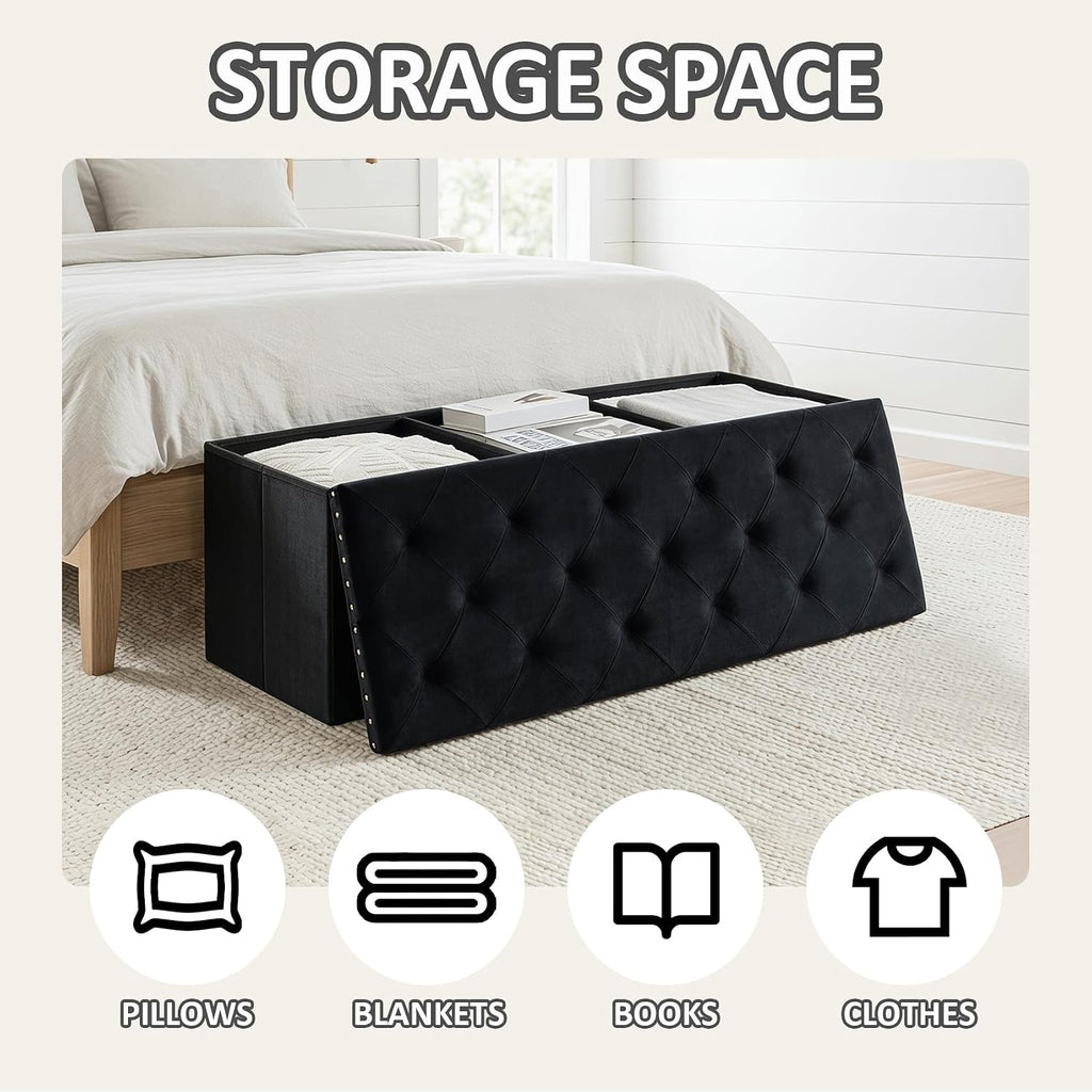 PINPLUS Folding Storage Ottoman Bench, Black Velvet | Large Storage Chest with Padded Seat, Footrest Stool and End of Bed Bench for Bedroom, Living Room and Entryway