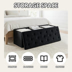 PINPLUS Folding Storage Ottoman Bench, Black Velvet | Large Storage Chest with Padded Seat, Footrest Stool and End of Bed Bench for Bedroom, Living Room and Entryway