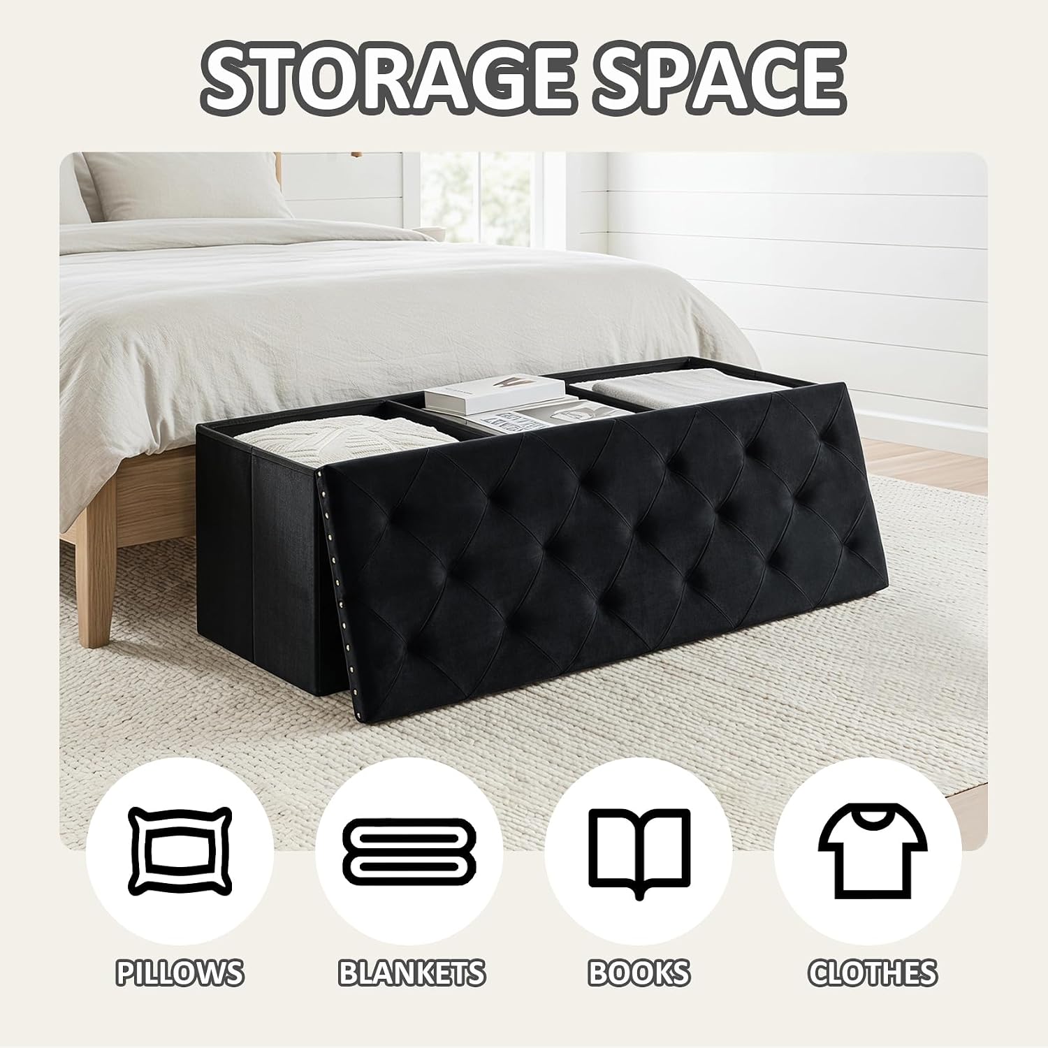 PINPLUS Folding Storage Ottoman Bench, Black Velvet | Large Storage Chest with Padded Seat, Footrest Stool and End of Bed Bench for Bedroom, Living Room and Entryway