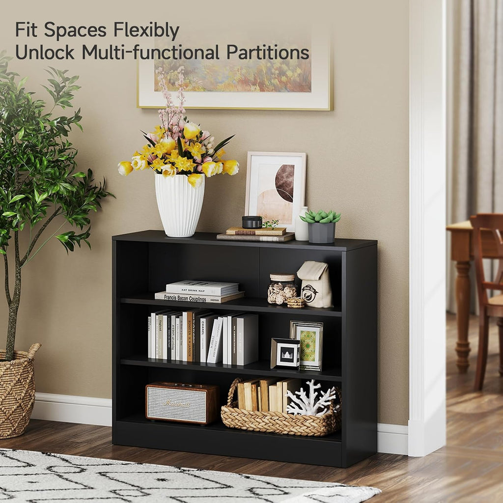 Metal Black Bookshelf, Short Bookshelf with Adjustable Shelves, 3 Tier | Open Bookcase, Small Storage Cabinet, Office Shelves, Cabinet Display Case for Home Office, Living Room, Library, Classroom