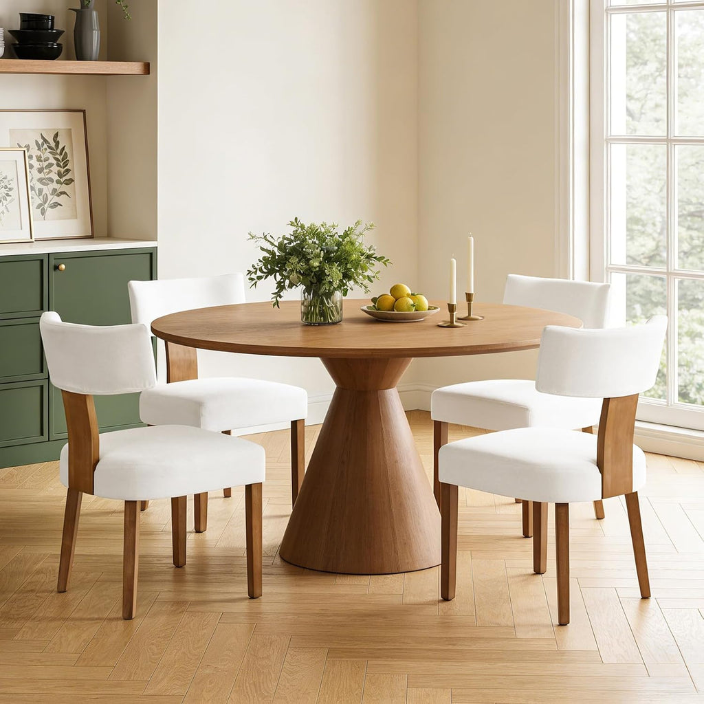 Mid Century Modern Dining Chairs Set of 4, Linen Fabric Upholstered Dining Chairs with Wood Legs, Farmhouse Kitchen Chair Armless, Comfy Side Chairs for Dining/Living Room/Kitchen, Cream