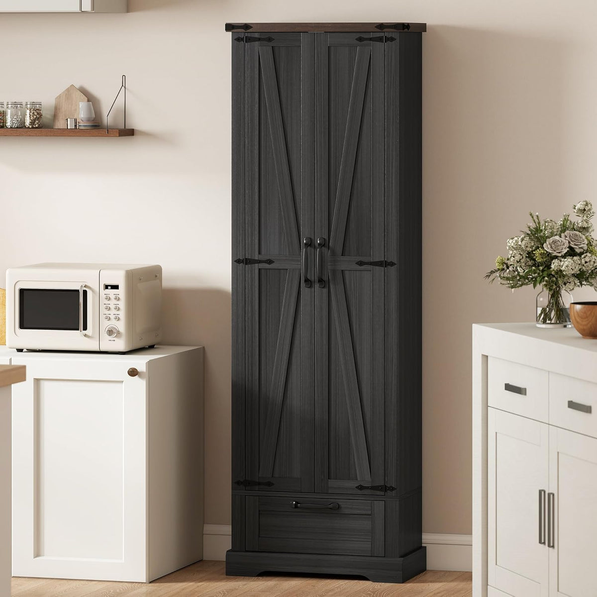 HOMCOM 71" Tall Kitchen Pantry, Farmhouse Storage Cabinet with Barn Doors, Drawer and Adjustable Shelves, Freestanding Food Pantry Cabinet for Kitchen, Dining Room, Black