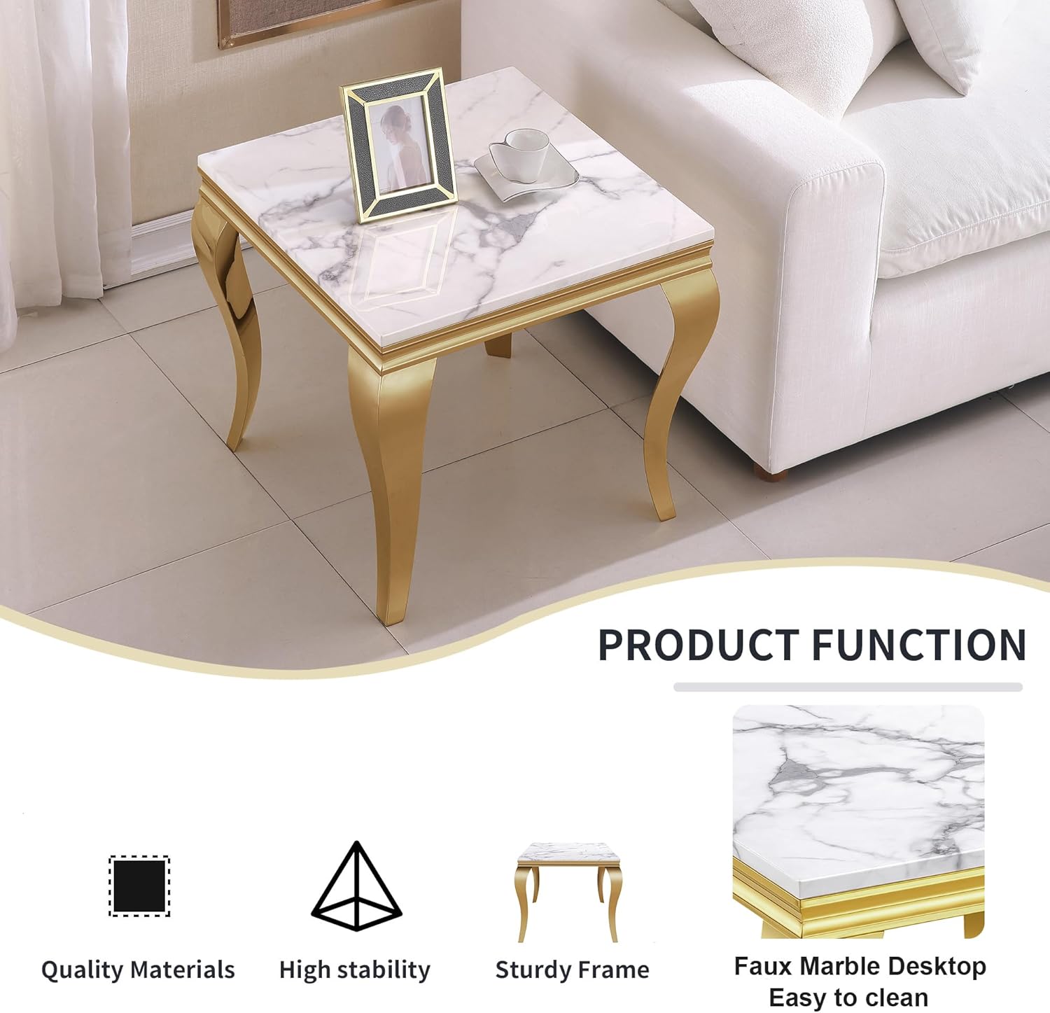 Marble End Table, Modern White Faux Marble Sofa Side Table with Gold Stainless Steel Legs, Luxury Sqaure Accent Side Table Bedside Table Nightstand for Living Room Bedroom Office