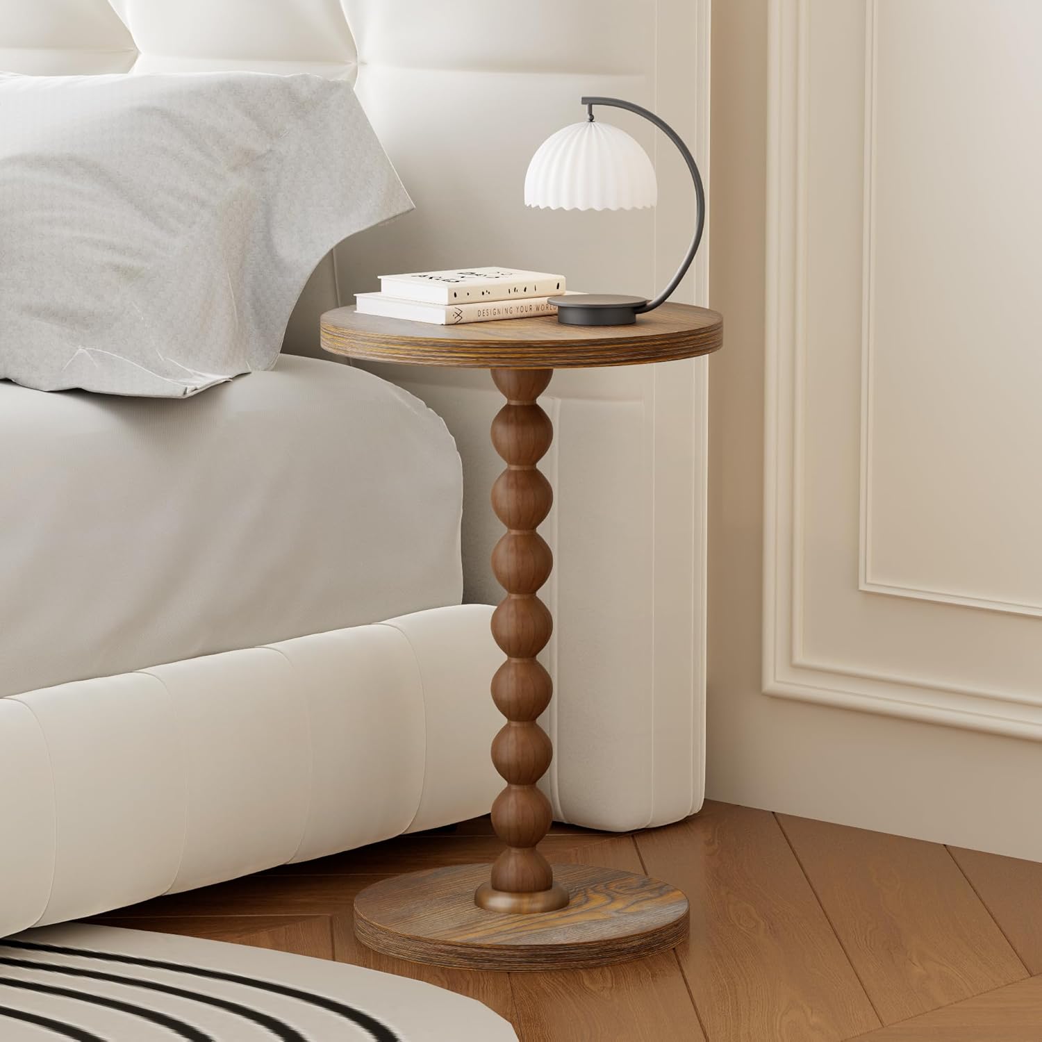 Round Side Table, Drink Table for Small Spaces, Modern Accent Nightstand with Rubberwood Leg for Living Room, Bedroom, Corners, and Office (Brown)