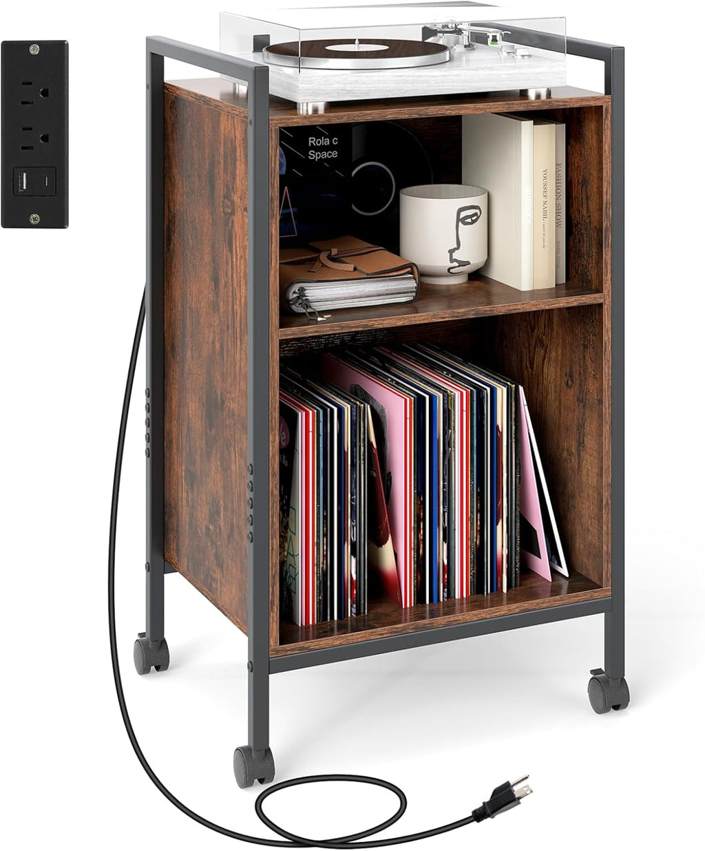 Giantex Record Player Stand with Charging Station, Mobile Turntable Stand with Record Storage & 4 Rolling Wheels, 3-Tier Vinyl Record Storage w/ Open Shelves & Dividers for Living Room, Rustic Brown