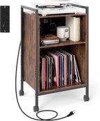 Giantex Record Player Stand with Charging Station, Mobile Turntable Stand with Record Storage & 4 Rolling Wheels, 3-Tier Vinyl Record Storage w/ Open Shelves & Dividers for Living Room, Rustic Brown