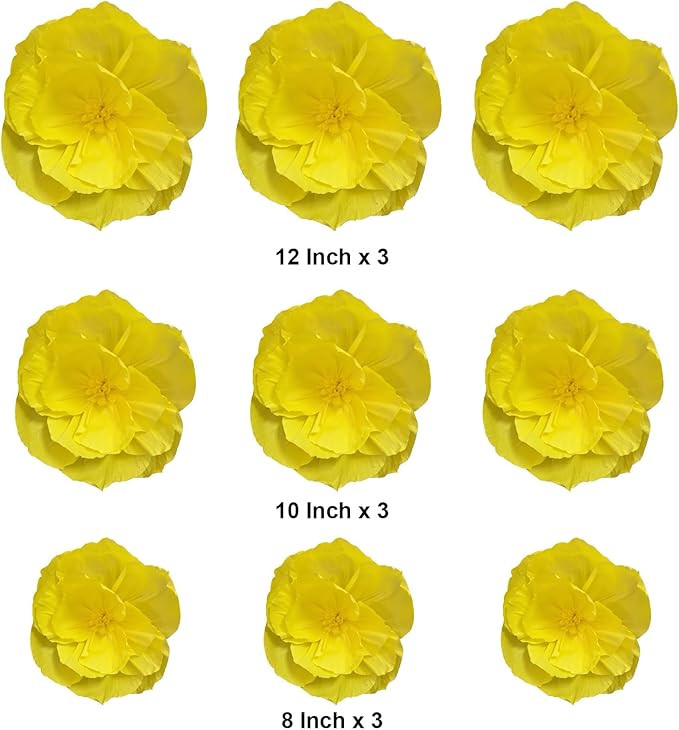 BRT Bearingshui Crepe Paper Flowers Decoration for Wall Total 9 Pcs, Artificial Flowers Backdrop for Wedding Decor Baby Bridal Shower Birthday Party, Yellow 3D Wall Flowers Decor