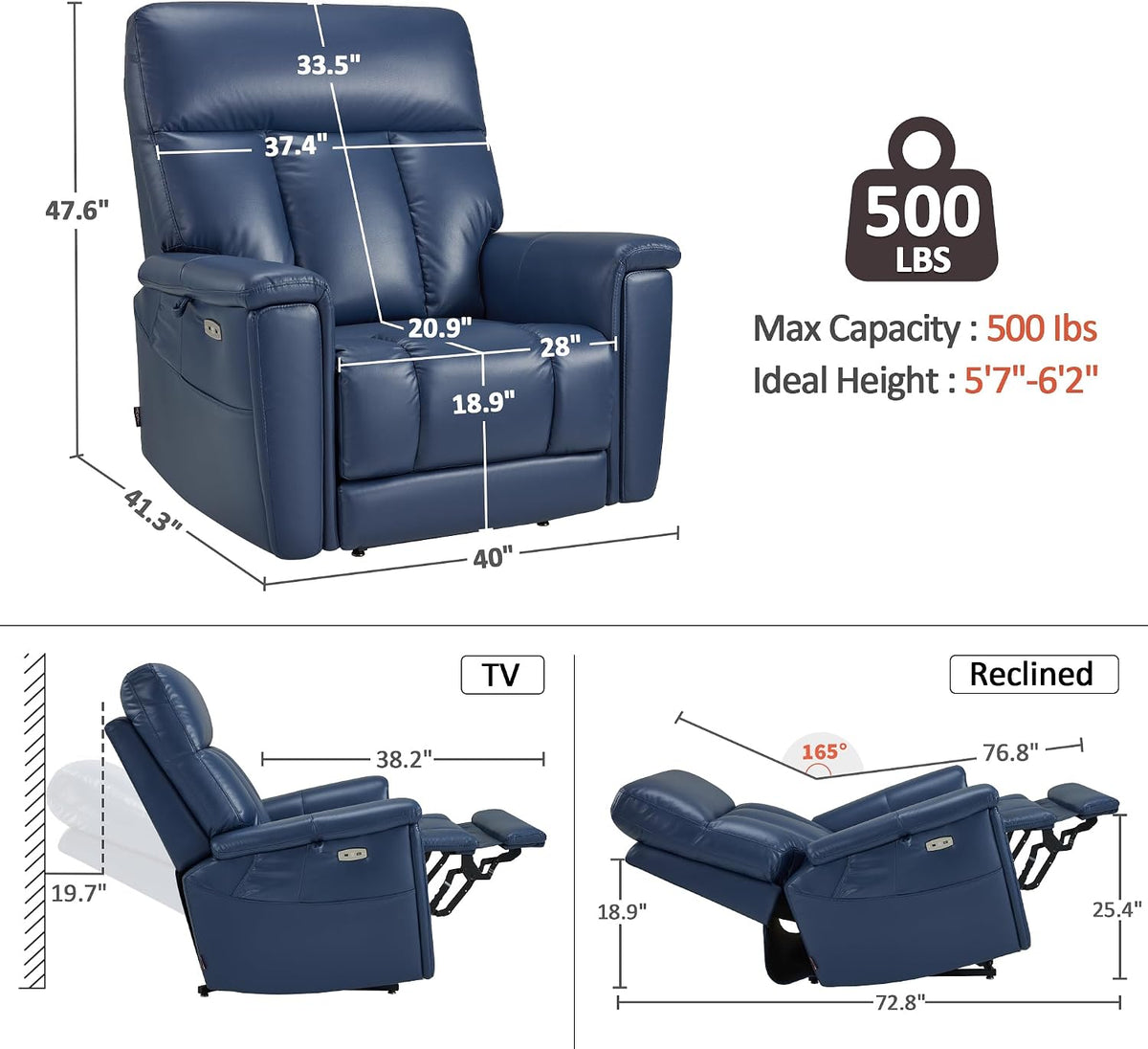 MCombo 500lbs Heavy Duty Lift Chair for Elderly, Extra Wide Dual Motor Power Lift Recliner with Hidden Cup Holders, USB Charging, Breathable Faux Leather R7777 (Blue)