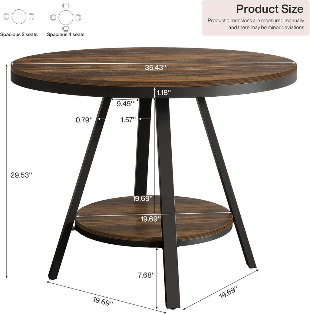 Tribesigns 2-Tier Industrial Round Dining Table, Small Kitchen Dinner Table for 2-4 People, 35-Inch Circle Wood Kitchen & Dining Room Furniture with Sturdy Metal Leg, Rustic Brown