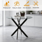 36" Round Glass Dining Table, Modern Kitchen Table with Clear Tempered Glass and Black Cross Metal Legs for Apartment, Small Spaces, Living Room