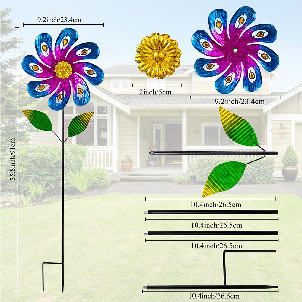2 Packs Wind Spinners Outdoor, Metal Wind Sculptures & Spinners with Stake, Colorful Flower Windmill for Yard Patio Lawn Garden Decor, 36 x 9 Inches