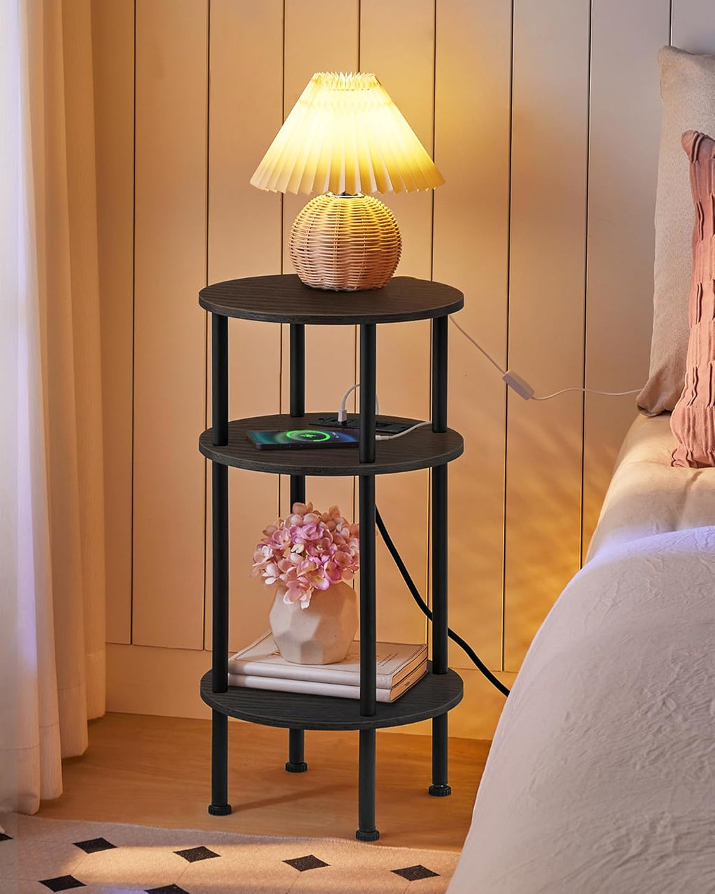 CHOEZON Small Round Side Table with Charging Station, 3-Tier Round End Table for Small Spaces, Nightstand for Living Room, Bedroom, Black TBZ06UBB