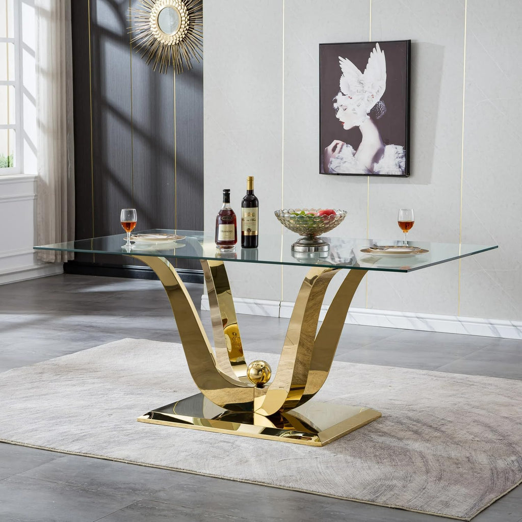 70" Modern Glass Dining Table for 6-8, Luxury Gold Glass Dining Room Table with Mirrored Floral-Shape Stainless Steel Base, Rectangle Kitchen Dinner Tables for Dining Room Kitchen