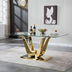 70" Modern Glass Dining Table for 6-8, Luxury Gold Glass Dining Room Table with Mirrored Floral-Shape Stainless Steel Base, Rectangle Kitchen Dinner Tables for Dining Room Kitchen