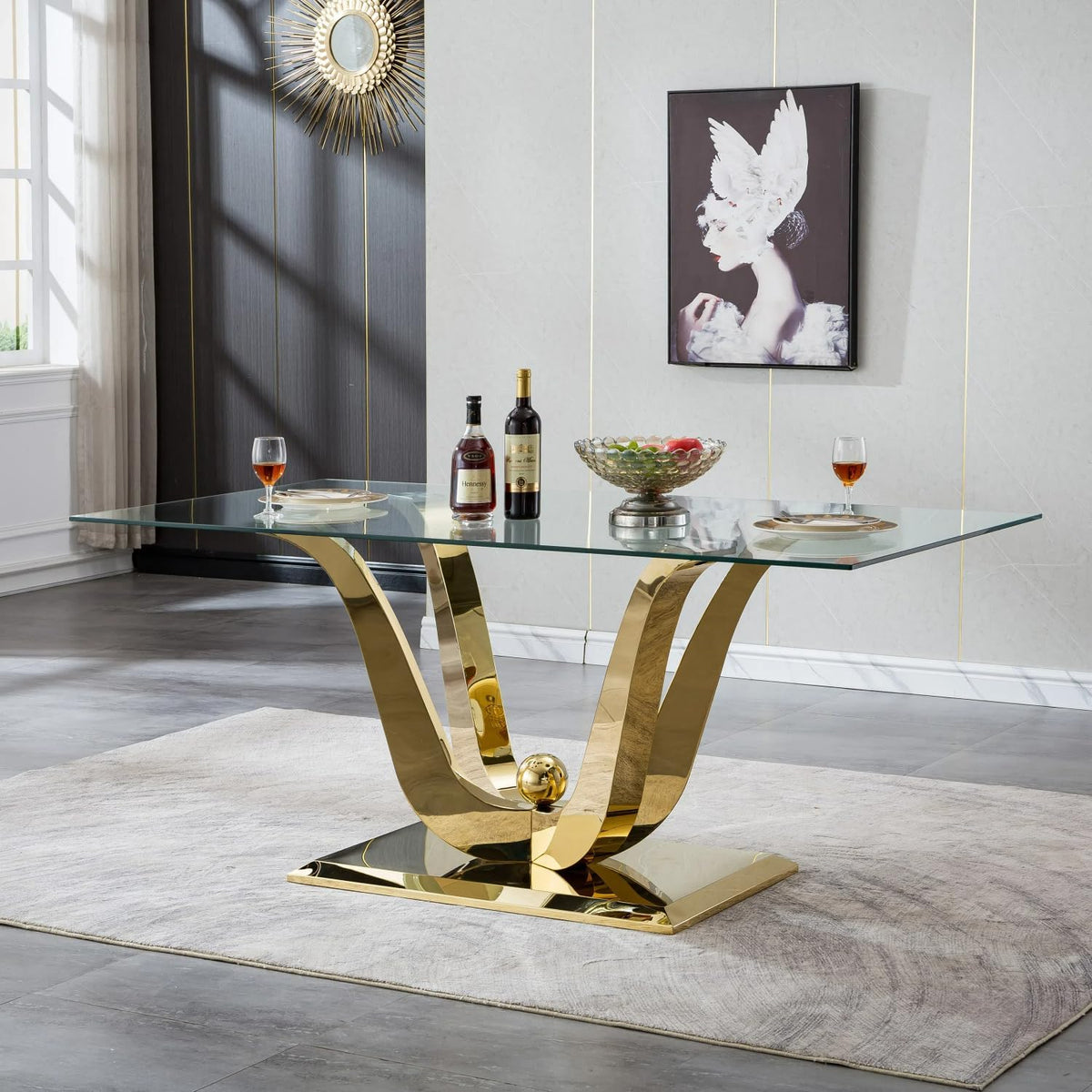70" Modern Glass Dining Table for 6-8, Luxury Gold Glass Dining Room Table with Mirrored Floral-Shape Stainless Steel Base, Rectangle Kitchen Dinner Tables for Dining Room Kitchen
